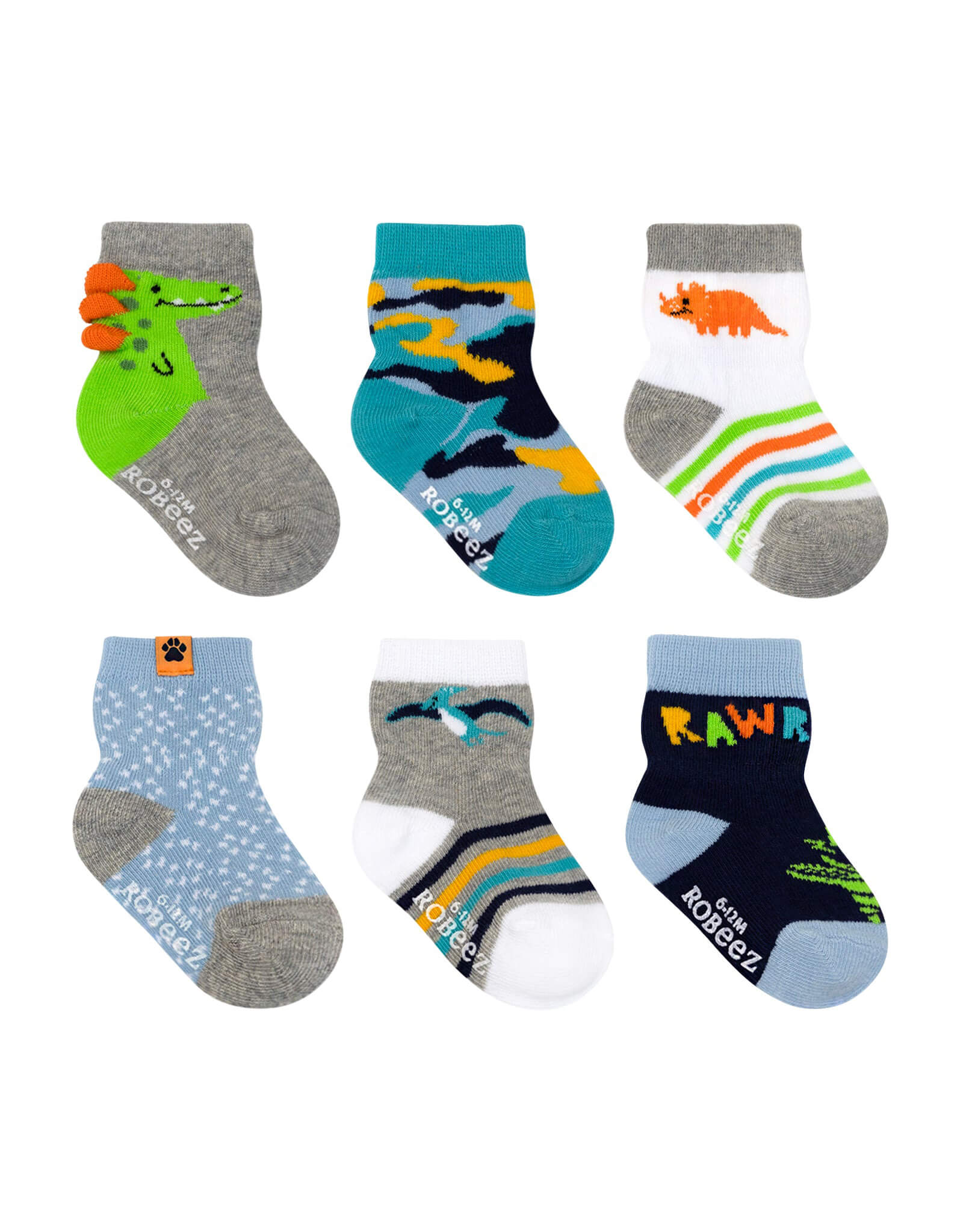 Cool Little Dinos 6-Pack Baby Crew Socks, flat laid