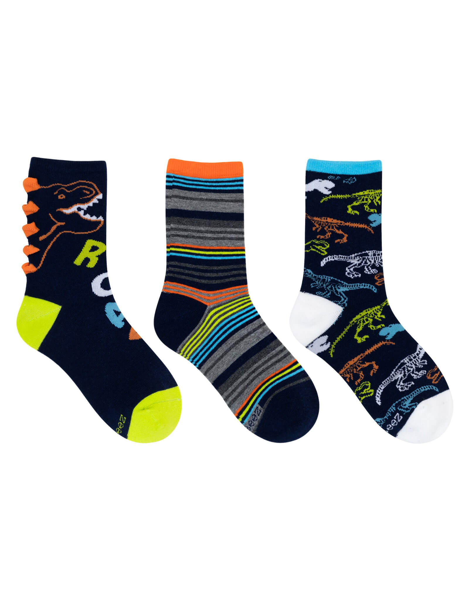 Roaring Dino 3-Pack Crew Socks for Toddlers and Kids, flat laid