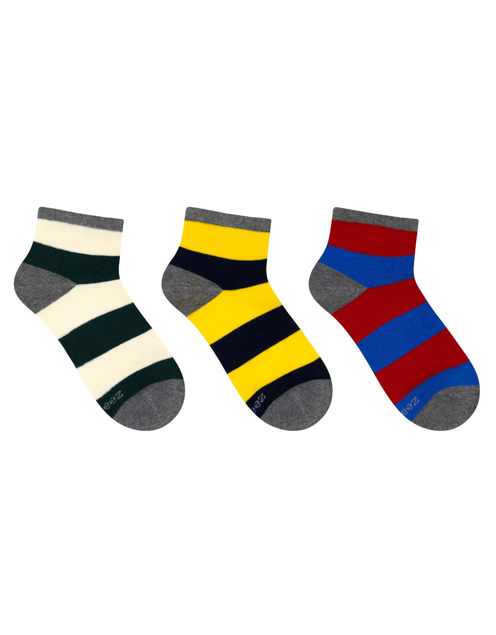 Rugby Stripes 3-Pack Quarter Socks for Toddlers and Kids, flat laid