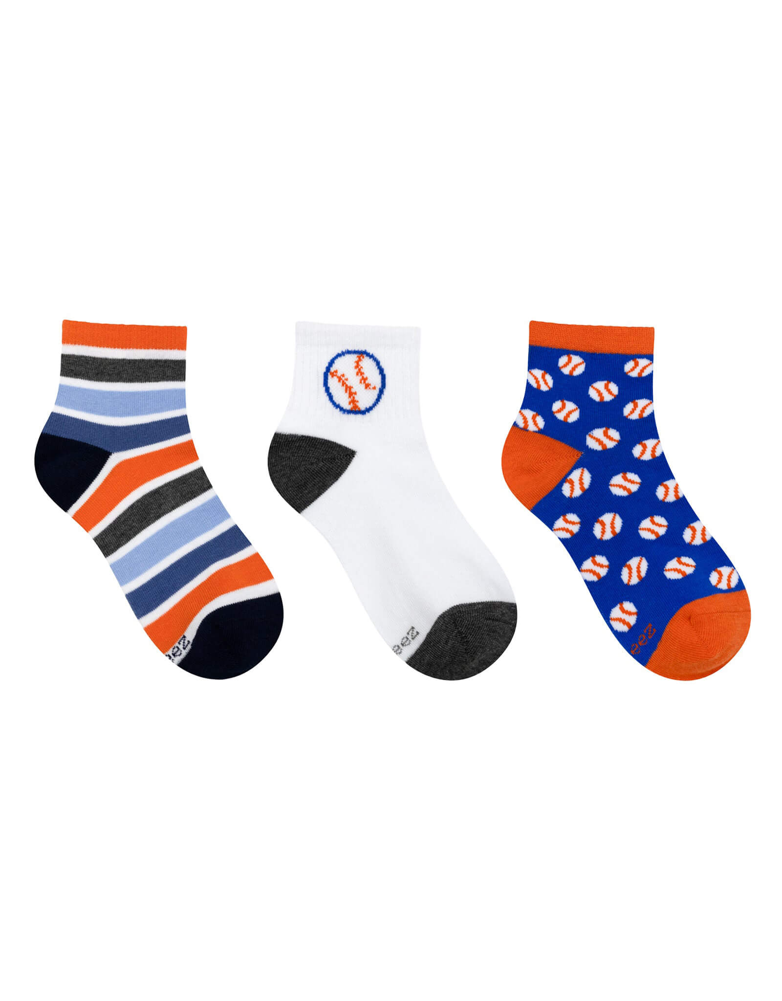 Baseball 3-Pack Quarter Socks for Toddlers and Kids, flat laid