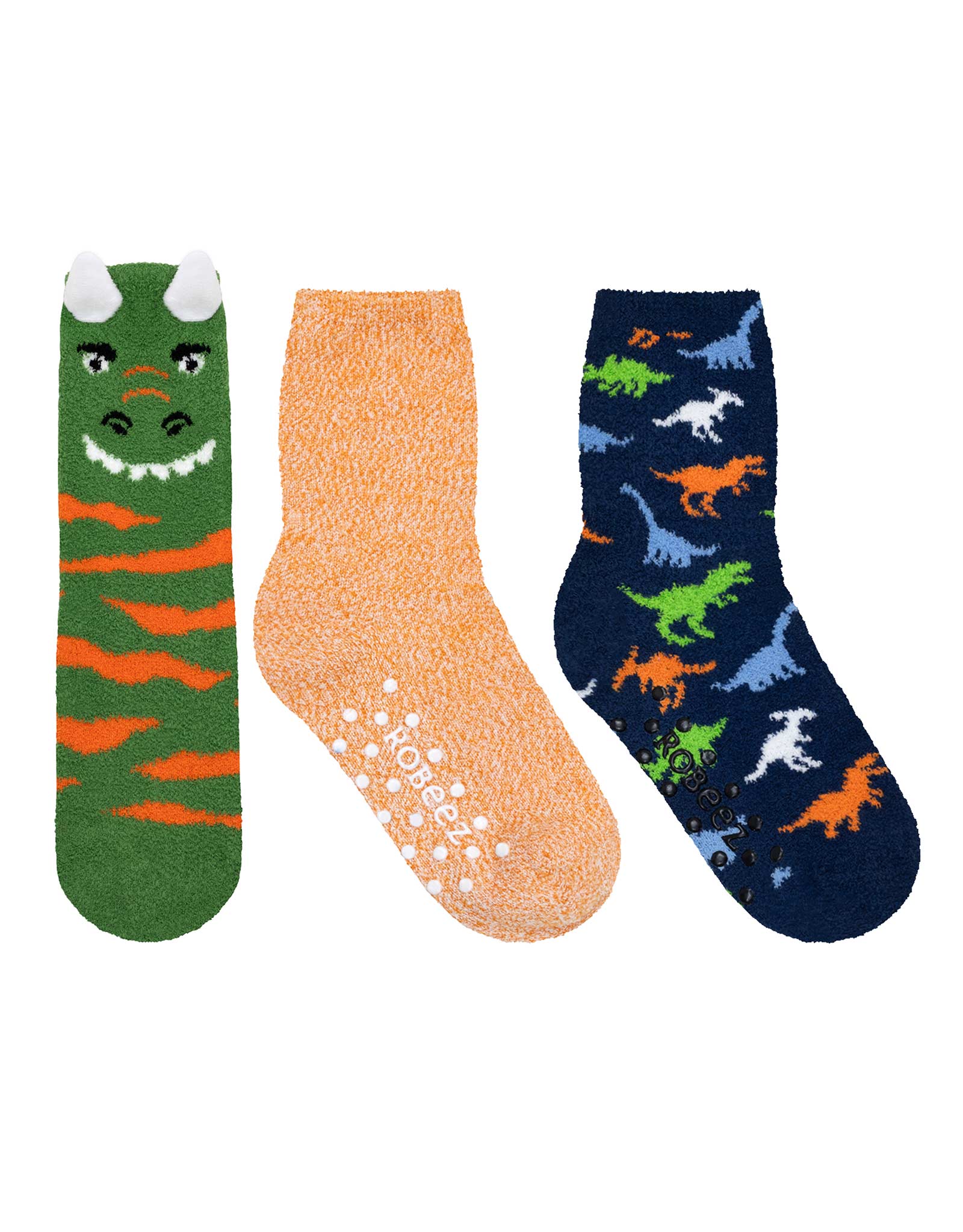 Dino Stripe Cozies 3-Pack Crew Socks in Olive for Toddlers and Kids, flat laid