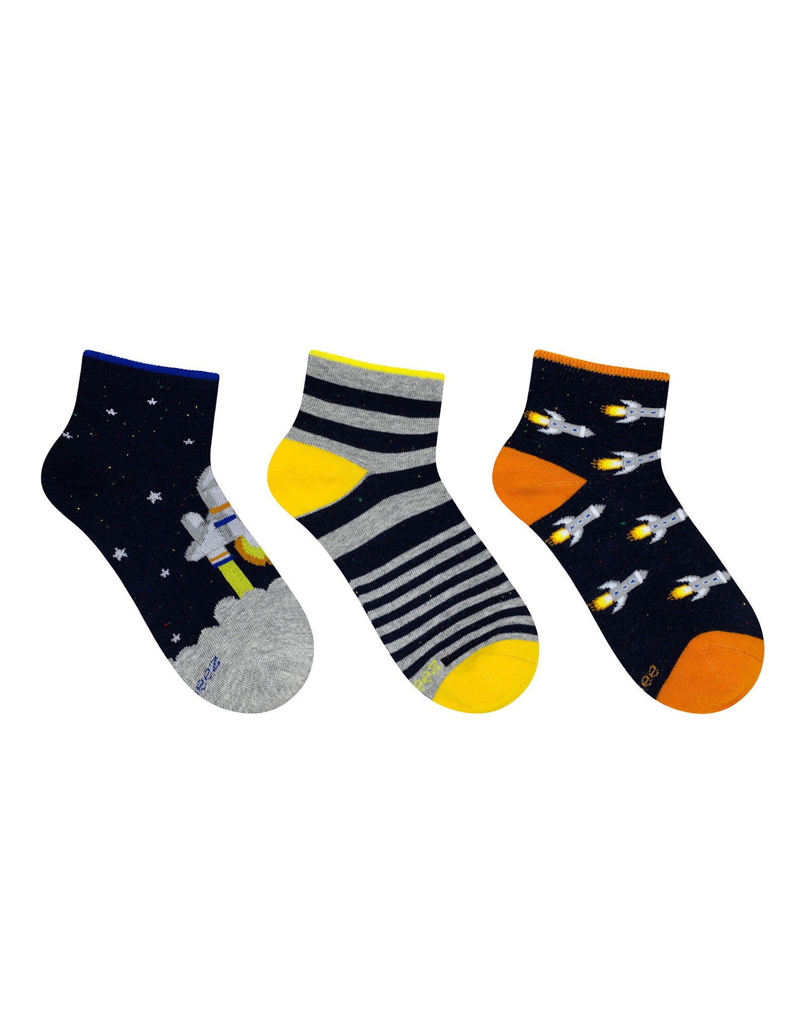 To The Moon 3-Pack Quarter Socks in Navy for Toddlers and Kids, flat laid