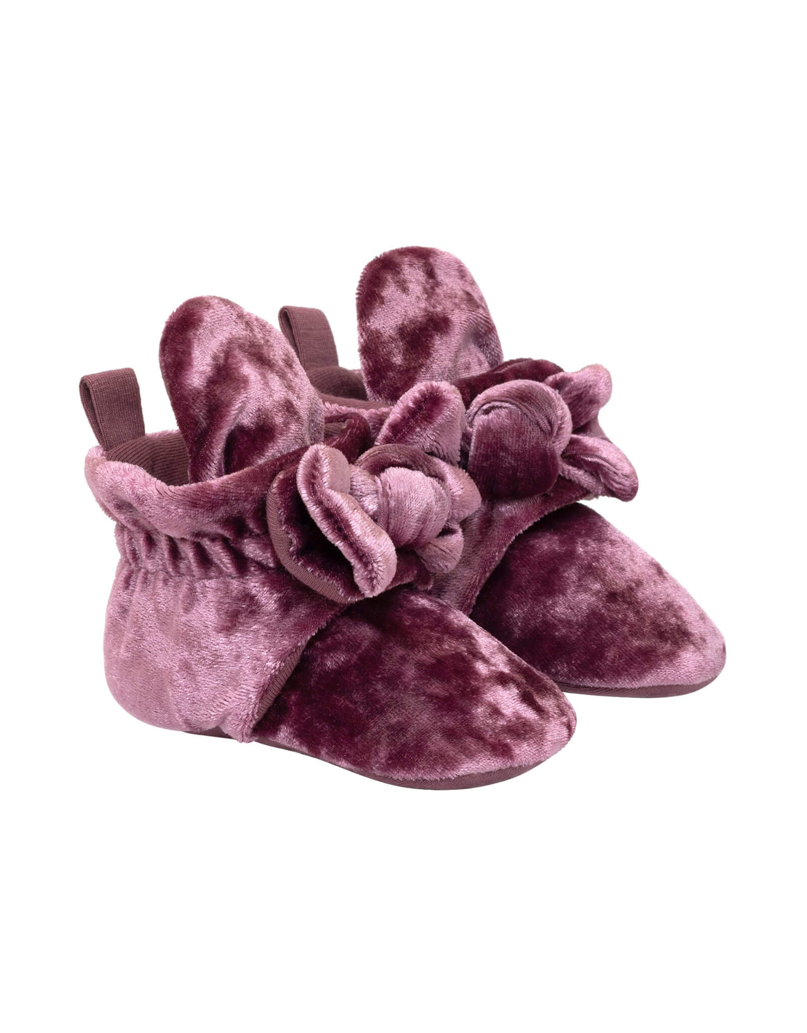 Bonnie Velvet Snap Booties in Pink, perspective view