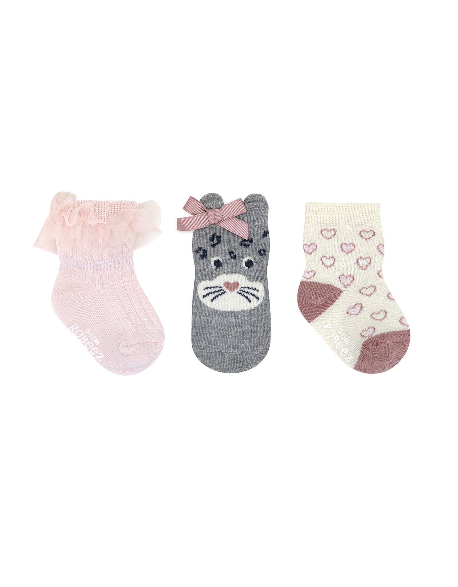 Cats Rule 3-Pack Baby Socks in Pink, flat laid