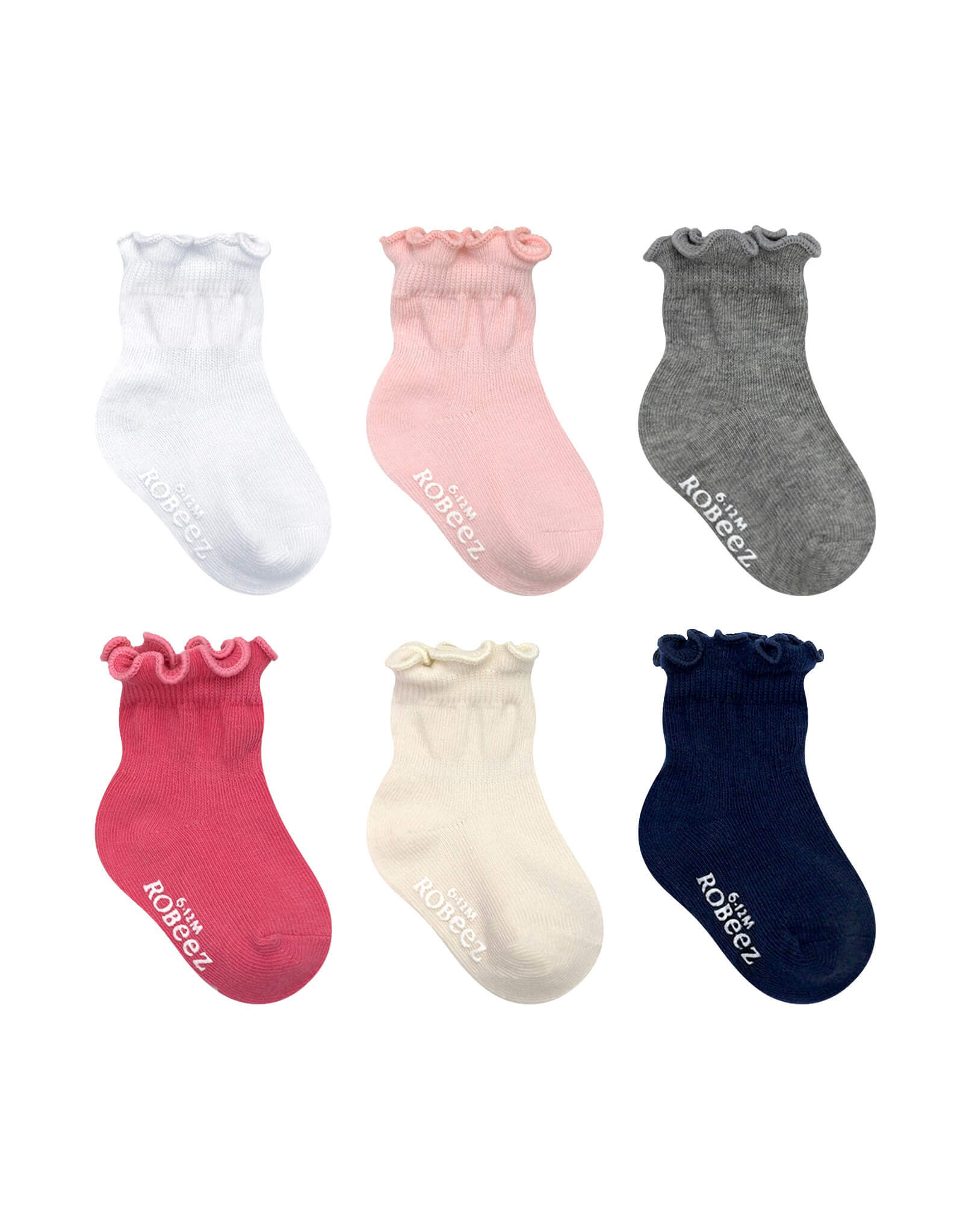 Frilly Girly 6-Pack Baby Socks, flat laid