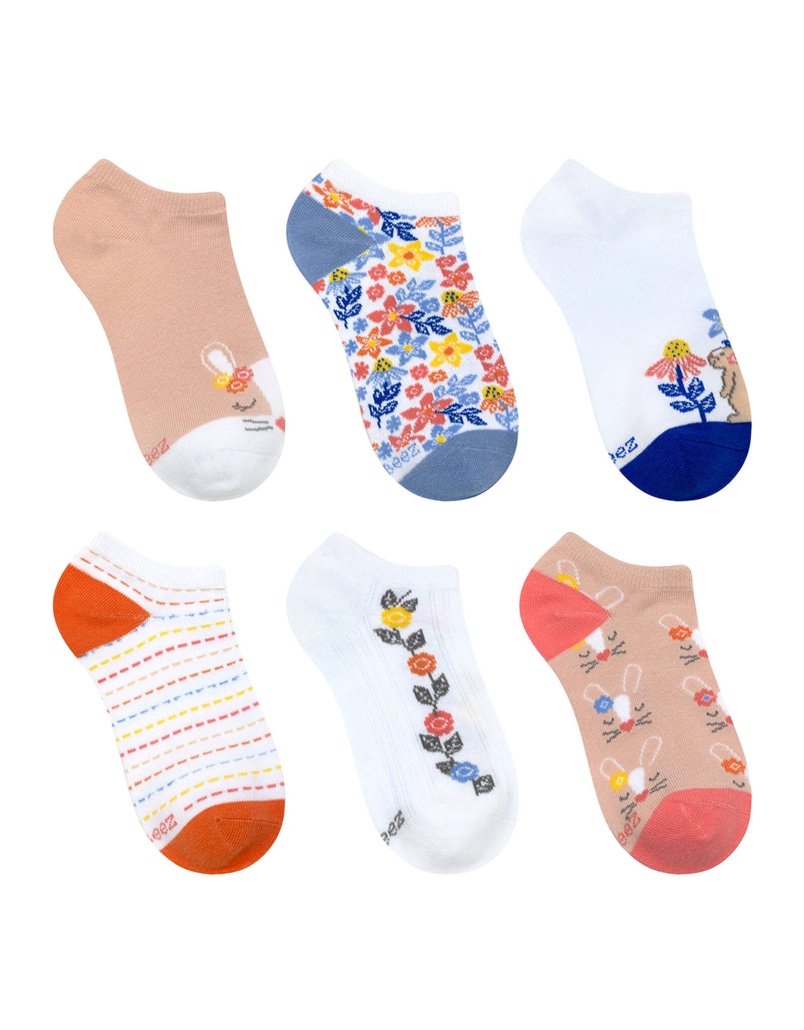 Hopsy's Garden 6-Pack No Show Socks for Toddlers and Kids, flat laid