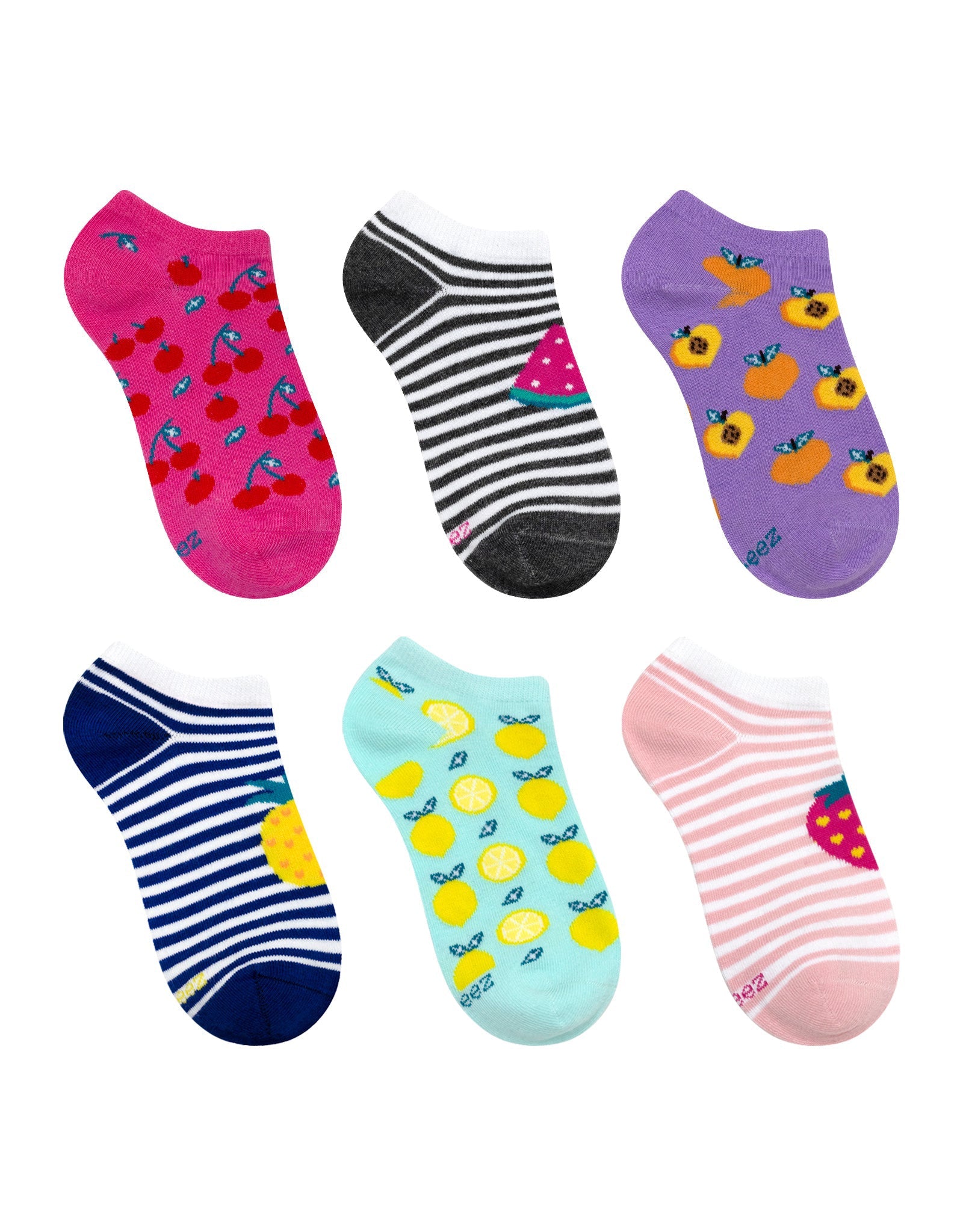 A Little Fruity 6-Pack No Show Socks for Toddlers and Kids, flat laid