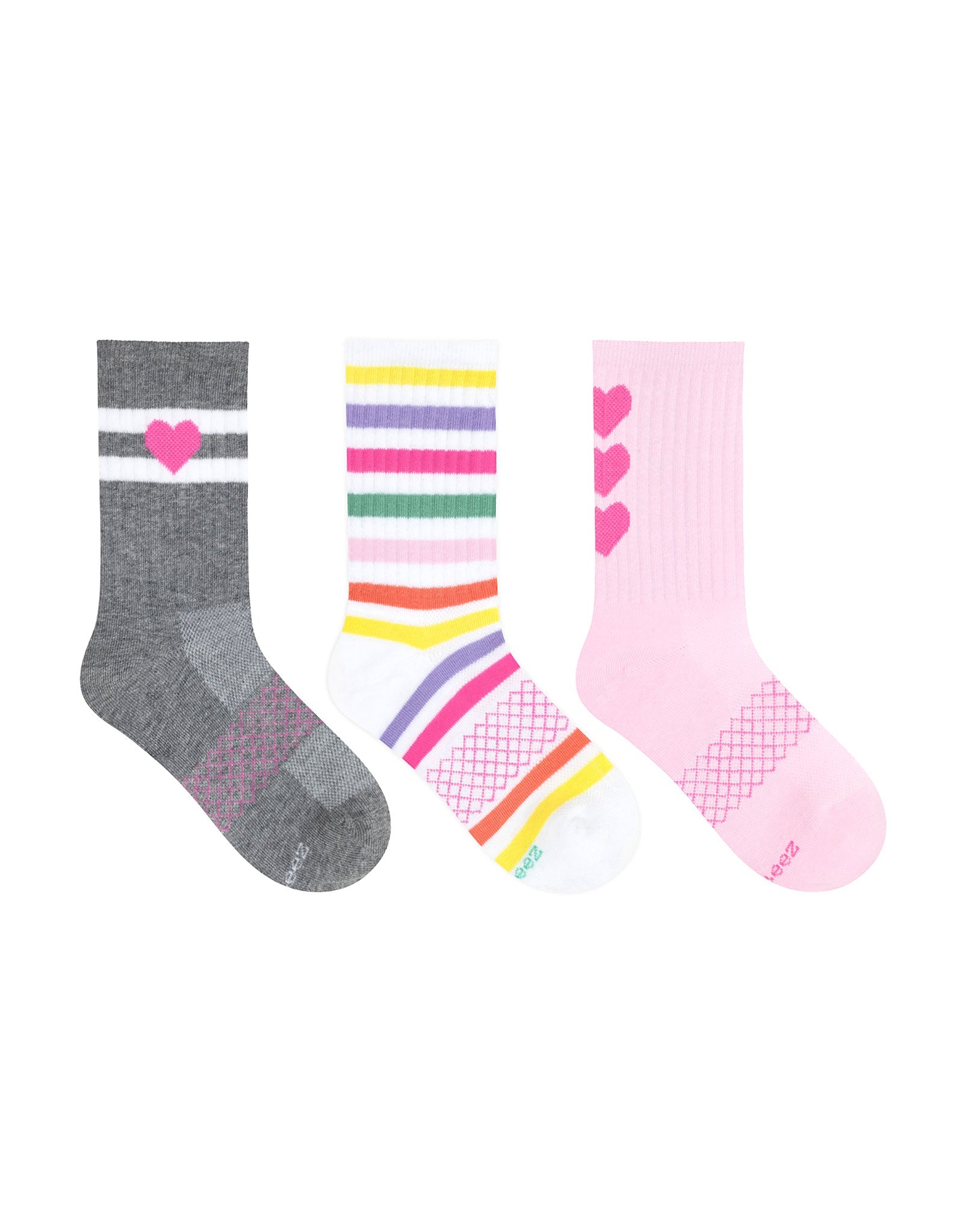 Heart Athletic 3-Pack Crew Socks for Toddlers and Kids, flat laid