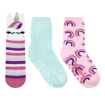 Rainbow Unicorn Cozies 3-Pack Crew Socks in Pastel for Toddlers and Kids, flat laid