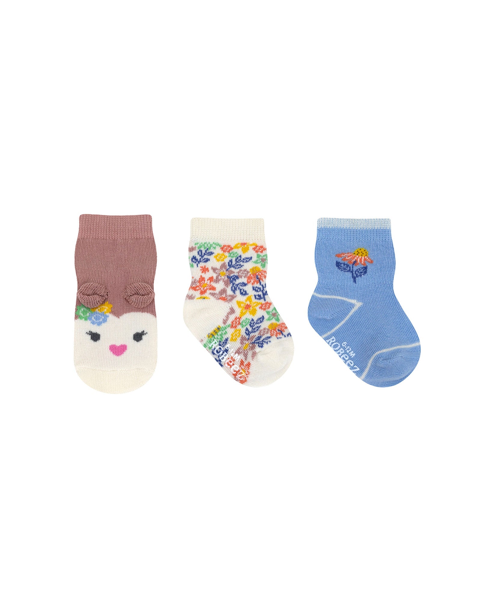 Flower Owl 3-Pack Baby Socks in Light Blue, flat laid