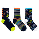 Roaring Dino 3-Pack Crew Socks for Toddlers and Kids, flat laid