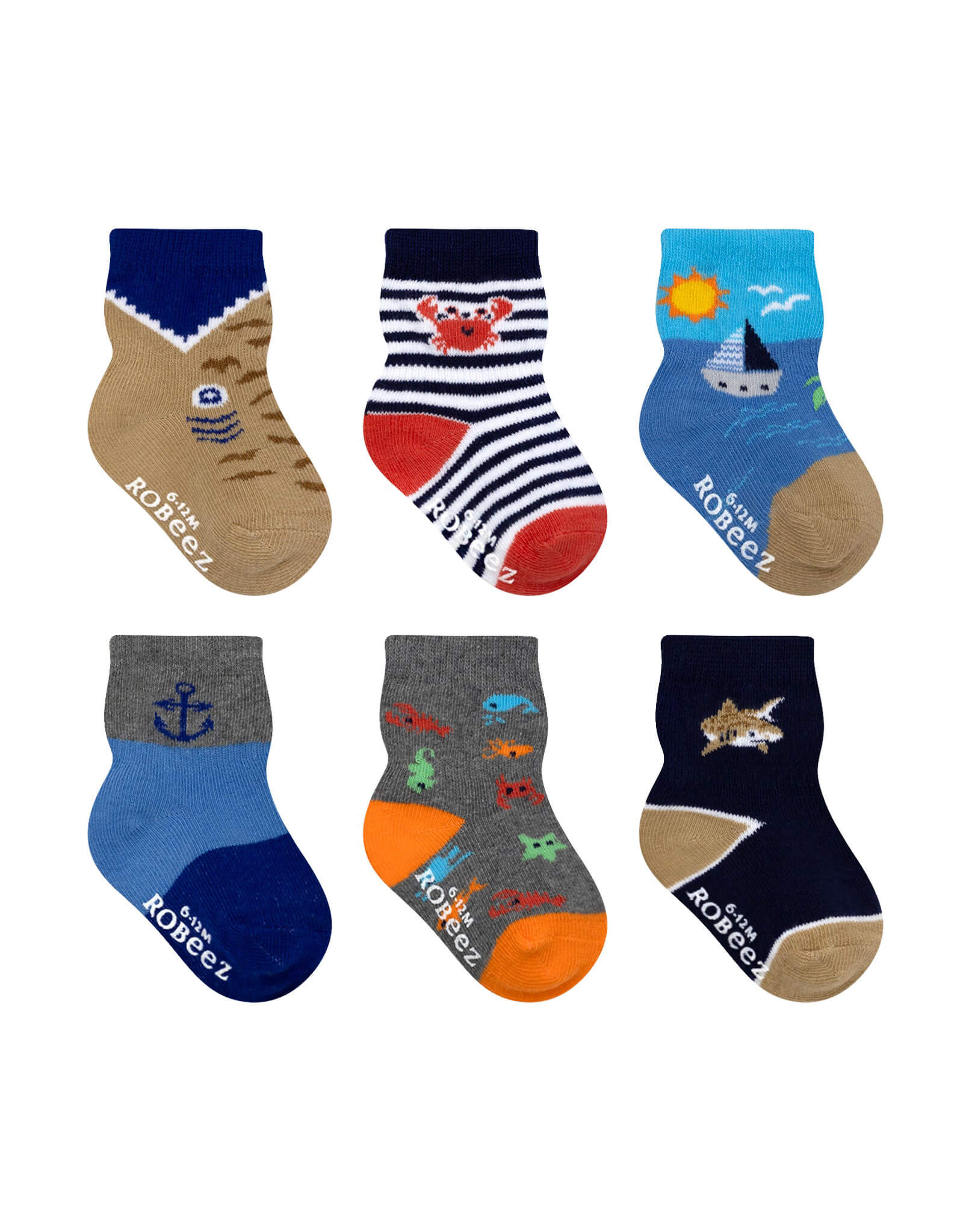 Let's Sail Away 6-Pack Baby Socks, flat laid