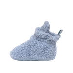 Sherpa Snap Booties in Light Blue, side view