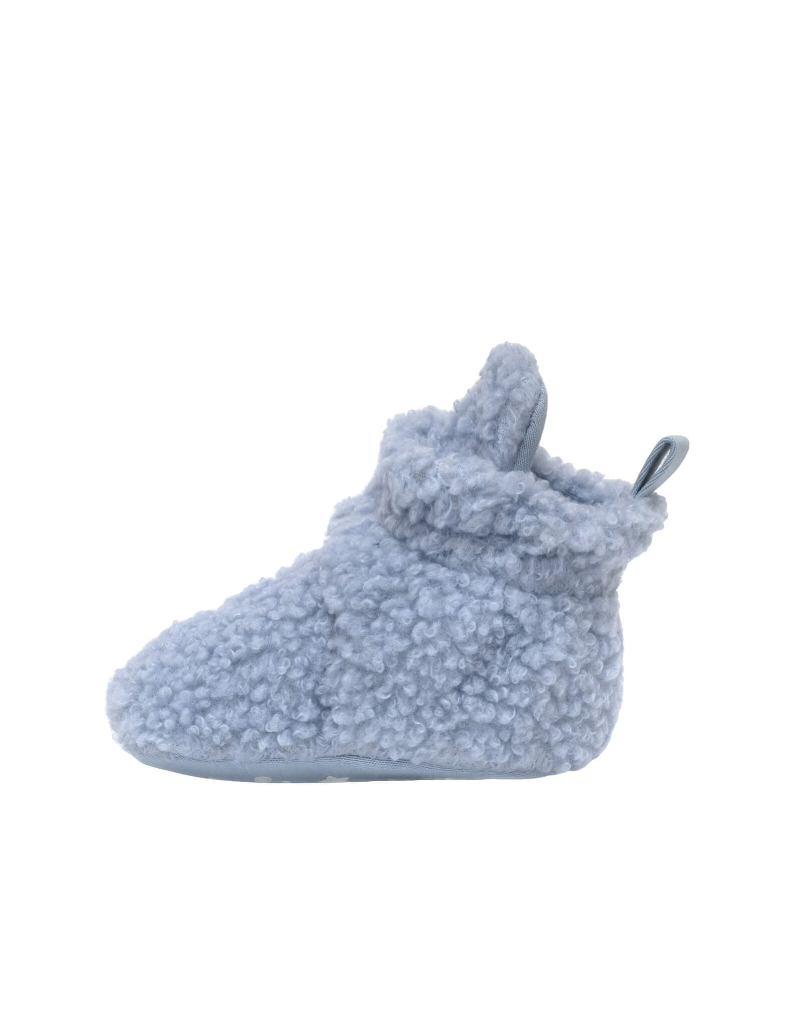 Sherpa Snap Booties in Light Blue, side view