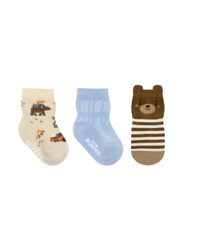Let's Go Camping 3-Pack Baby Socks in Tan, flat lay