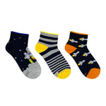 To The Moon 3-Pack Quarter Socks in Navy for Toddlers and Kids, flat laid