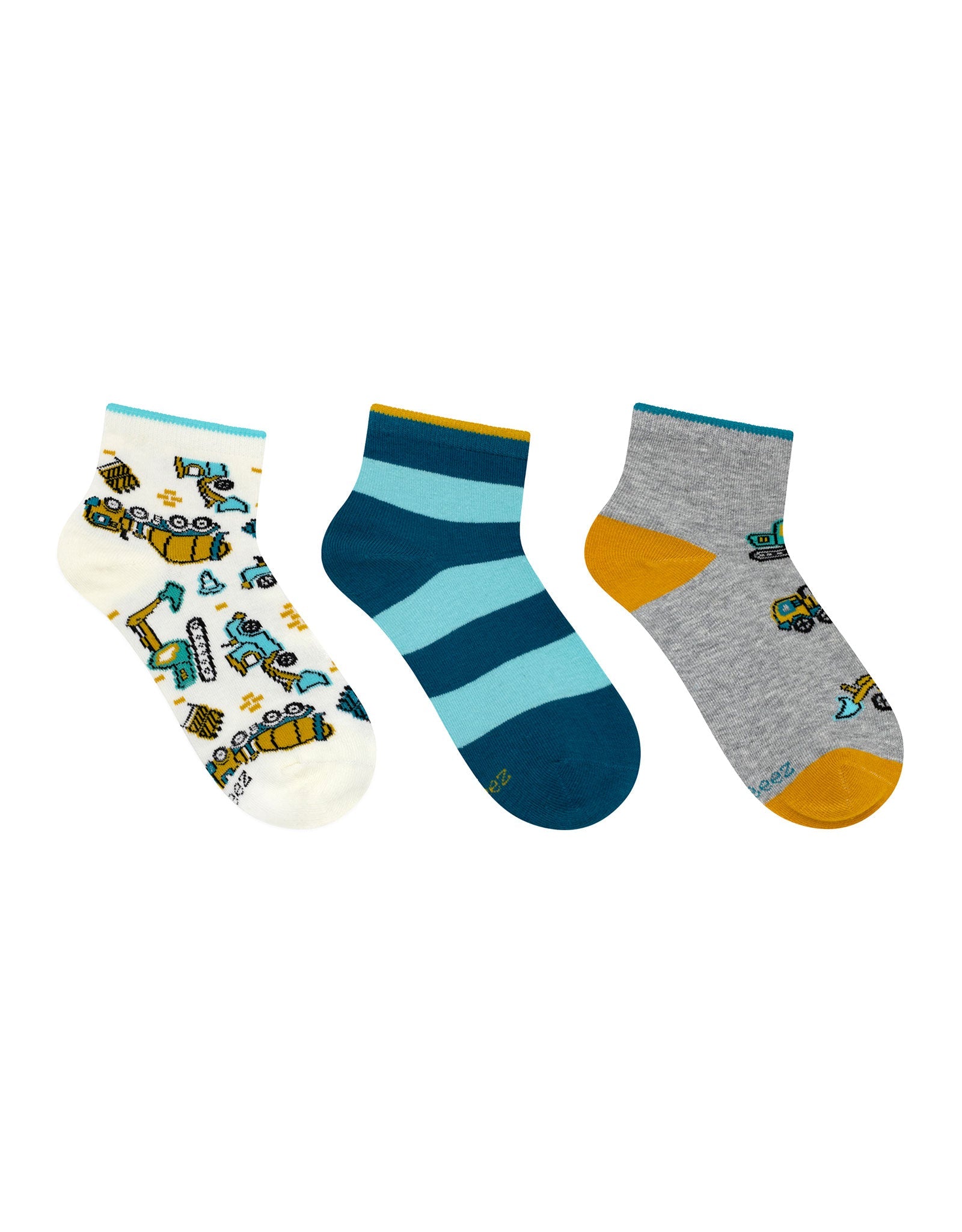 Truck Time 3-Pack Quarter Socks in Teal for Toddlers and Kids, flat laid