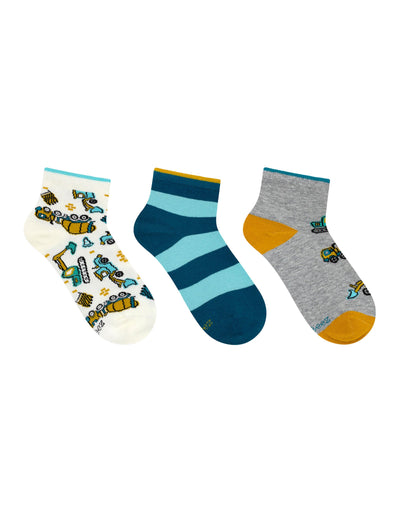 Truck Time 3-Pack Quarter Socks in Teal for Toddlers and Kids, flat laid