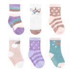 Cozy Unicorn Star 6-Pack Infant Crew Socks, flat laid