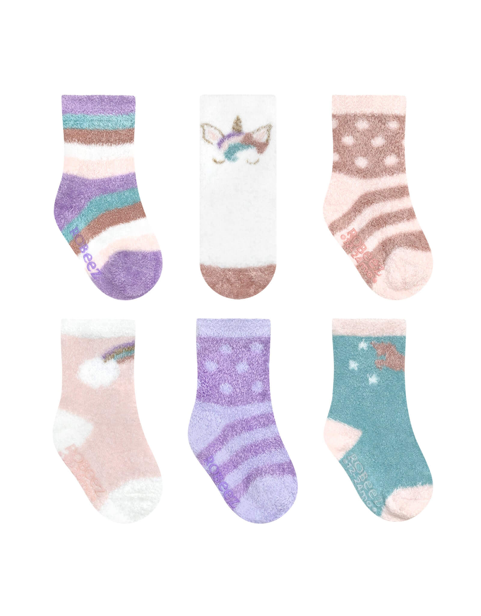 Cozy Unicorn Star 6-Pack Infant Crew Socks, flat laid