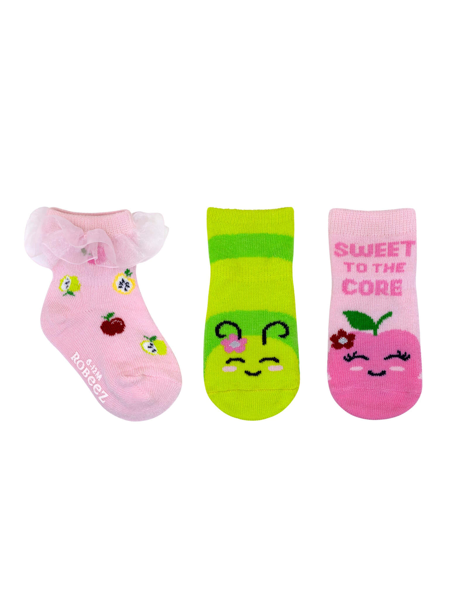 Sweet to the Core 3-Pack Infant Crew Socks, flat laid
