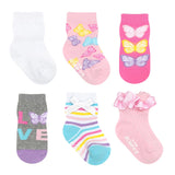 Lovely Butterflies 6-Pack Baby Socks, flat laid
