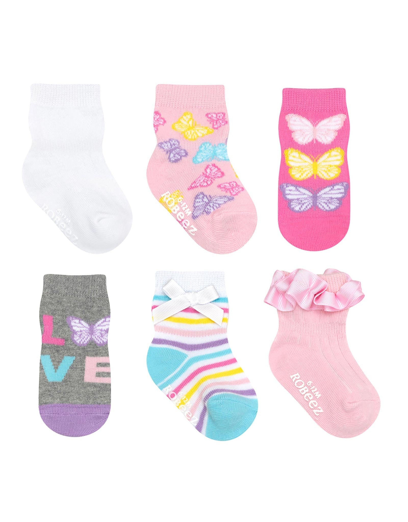 Lovely Butterflies 6-Pack Baby Socks, flat laid