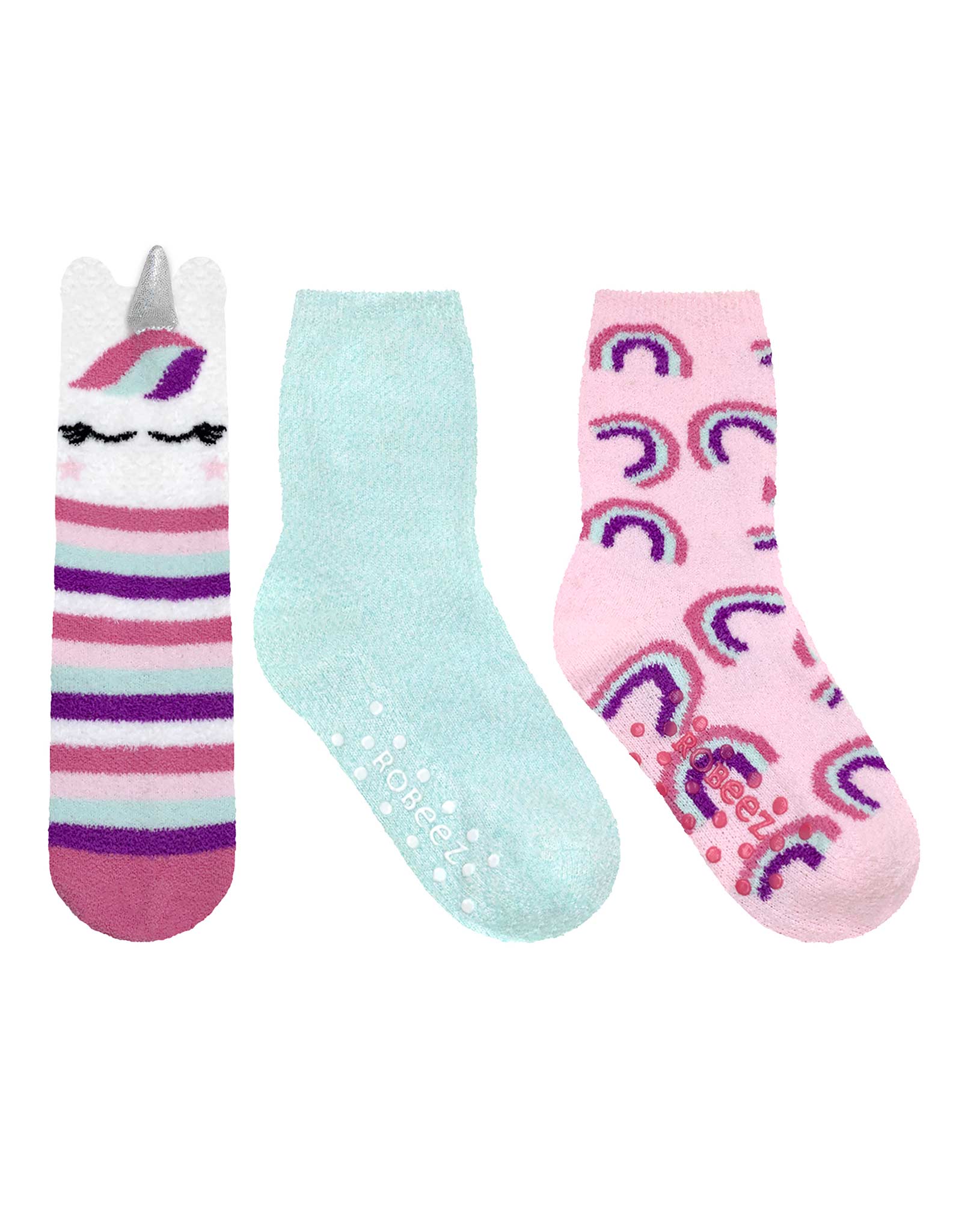 Rainbow Unicorn Cozies 3-Pack Crew Socks in Pastel for Toddlers and Kids, flat laid