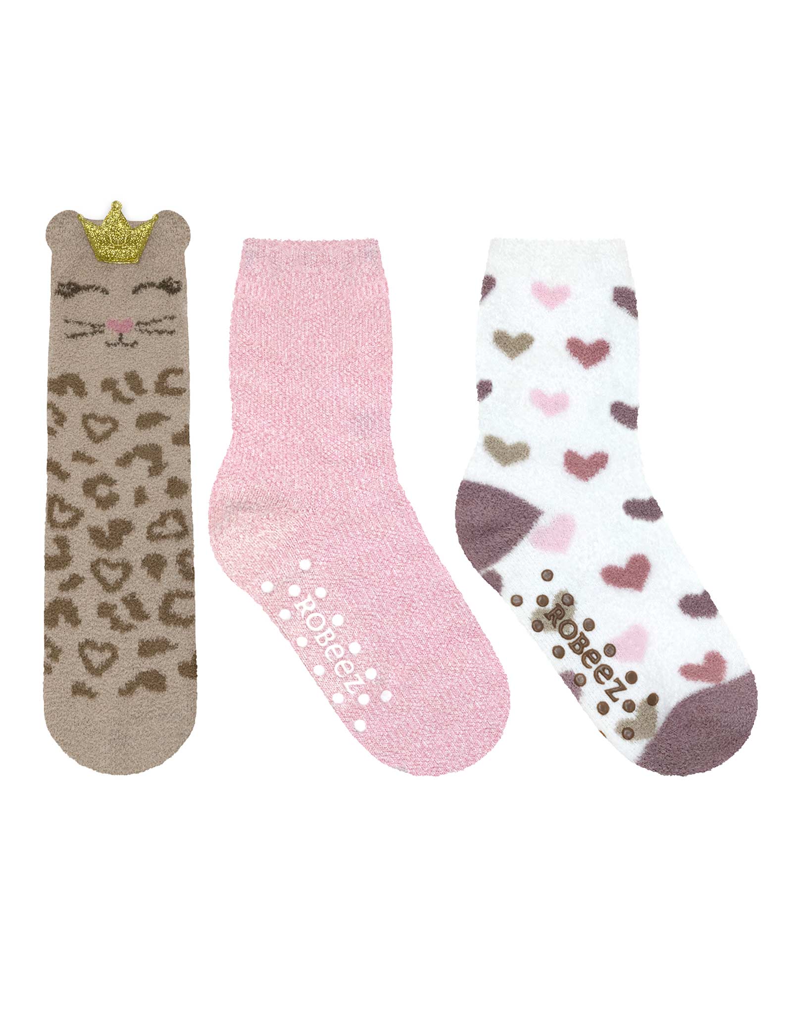 Princess Cat Cozies 3-Pack Crew Socks in Neutral for Toddlers and Kids, flat laid