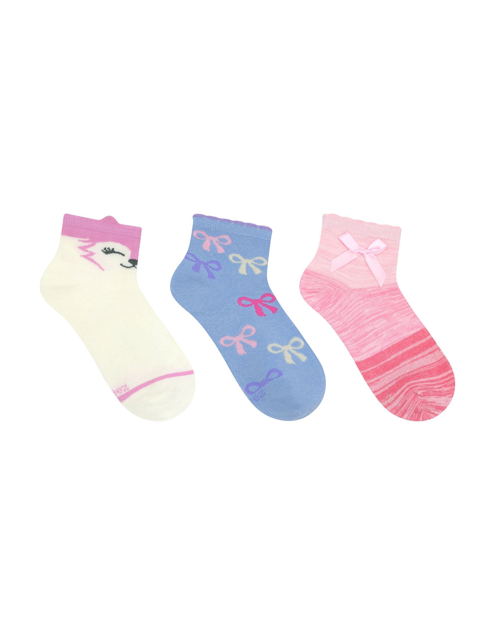 Clever Little Fox 3-Pack Quarter Socks in Pink for Toddlers and Kids, flat laid