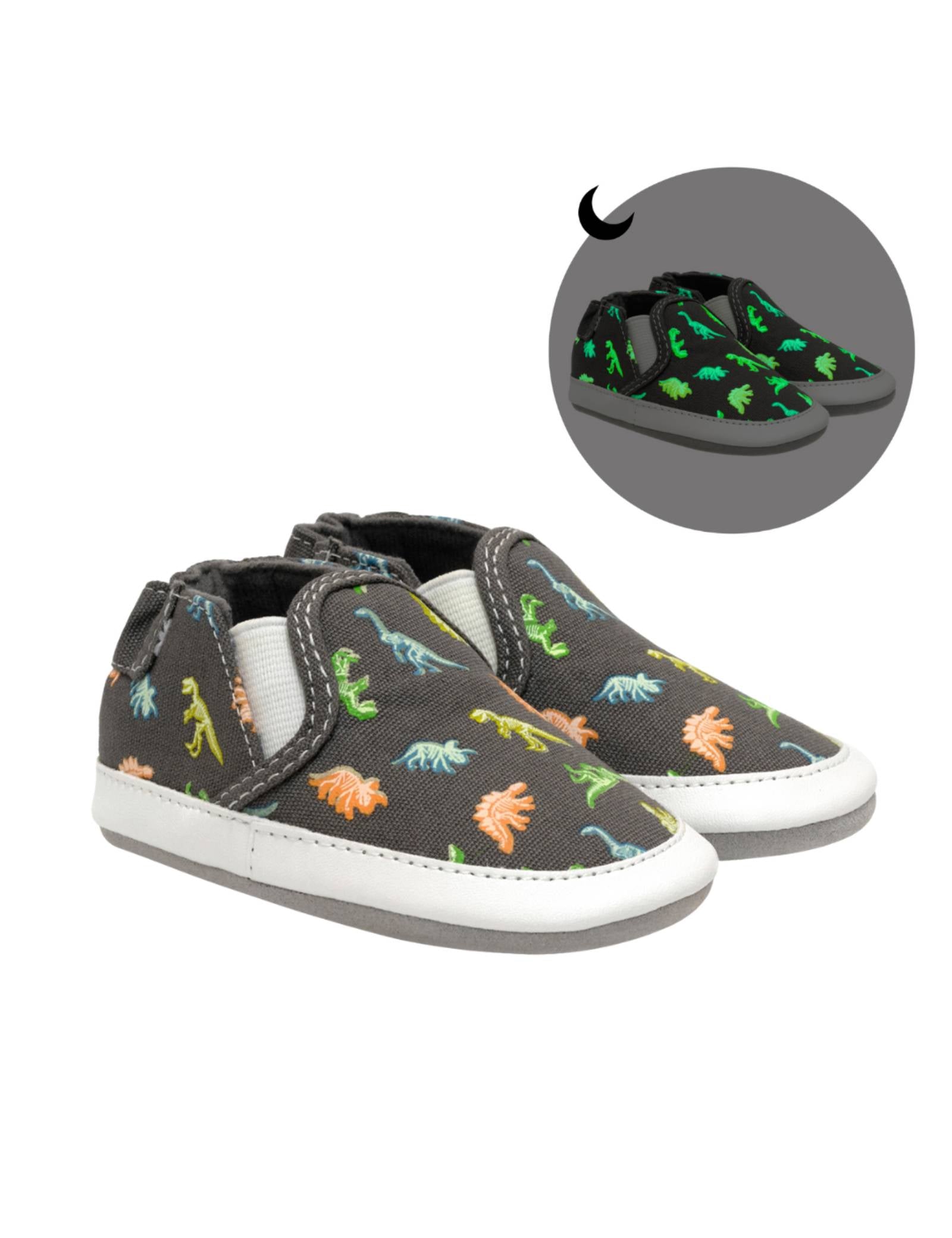 Glowing Dinos Soft Soles in Charcoal Grey, perspective view